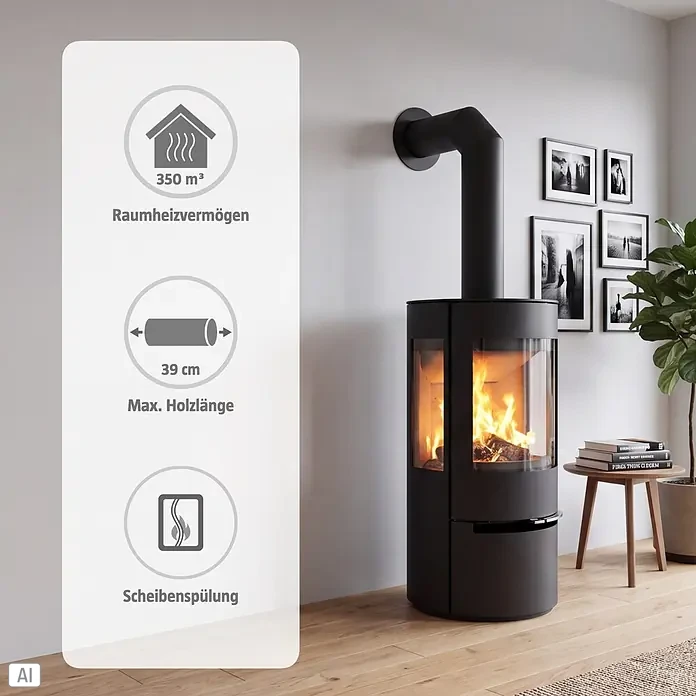 Aduro Kaminofen 17 - 7 kW, Raumheizvermögen: 350 m³, Material Verkleidung: Stahl, Schwarz - Ein moderner schwarzer Kaminofen in einem Wohnzimmer, mit Infotafel zu 350 m³ Heizleistung, 39 cm Holzlänge und Scheibenspülung.
