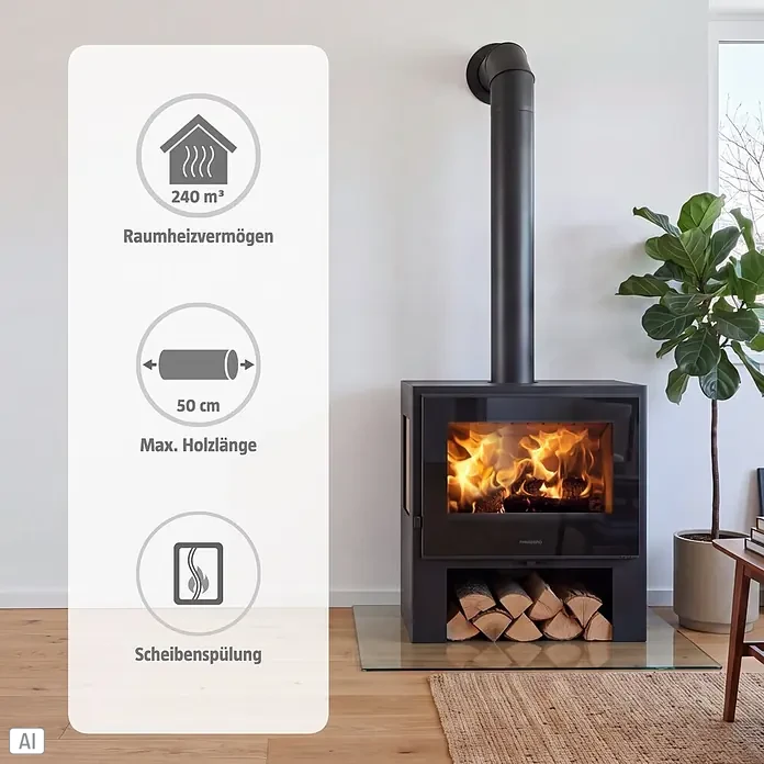 Panadero Kaminofen Amalfi 3V Ecodesign - 8 kW, Raumheizvermögen: 240 m³, Material Verkleidung: Stahl, Schwarz Metallic - Ein schwarzer Kaminofen mit sichtbarem Feuer und Holzscheiten darunter, platziert in einem modernen Wohnraum.