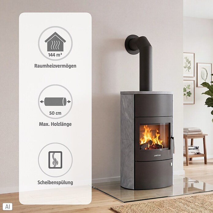 Justus Kaminofen Agero W+ (7 kW, Raumheizvermögen: 144 m³, Verkleidung: Speckstein, Schwarz)