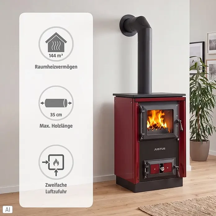 Justus Küchenherd Rustico-50 2.0 - 7 kW, Raumheizvermögen: 144 m³, Bordeaux - Roter und schwarzer Kaminofen mit Feuer. Overlay zeigt 144 m³ Heizleistung, 35 cm max. Holzlänge, zweifache Luftzufuhr.