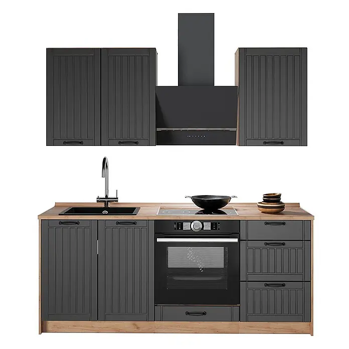 Vicco Singleküche - Breite: 190 cm, Dunkelgrau, Ohne AP - Dunkelgraue Modulküche mit Holzplatte, integrierter Spüle, Kochfeld, Backofen und passender Dunstabzugshaube.