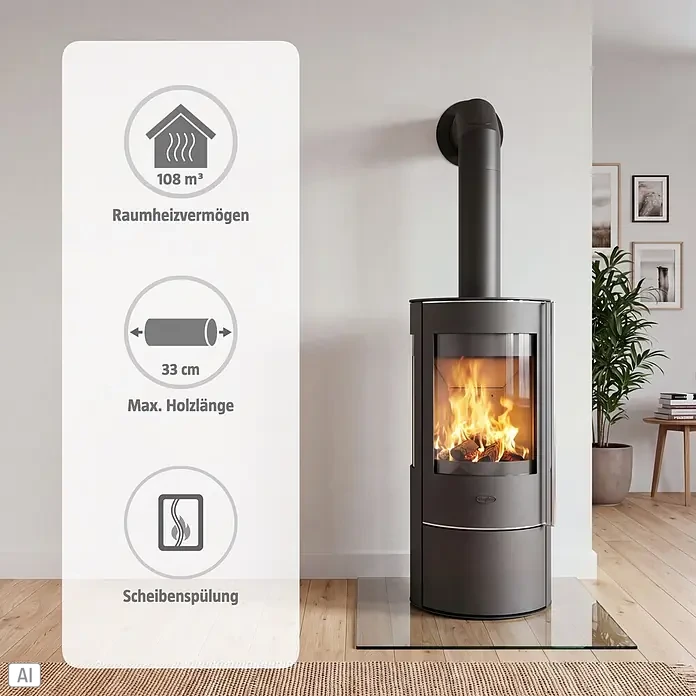 Fireplace Kaminofen Amarant - 5,5 kW, Raumheizvermögen: 108 m³, Material Verkleidung: Stahl, Schwarz - Dunkelgrauer Kaminofen mit brennendem Feuer im Wohnzimmer. Heizt bis zu 108 m³ und nimmt Holzscheite bis 33 cm auf.