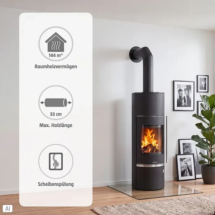 Justus Kaminofen Faro W+ 2.0 - 7 kW, Raumheizvermögen: 144 m³, Verkleidung: Gusseisen/Speckstein, Gussgrau - Schwarzer Kaminofen brennt Holz im Wohnzimmer. Bietet 144 m³ Heizleistung, max. 33 cm Scheitholzlänge und Scheibenspülung.