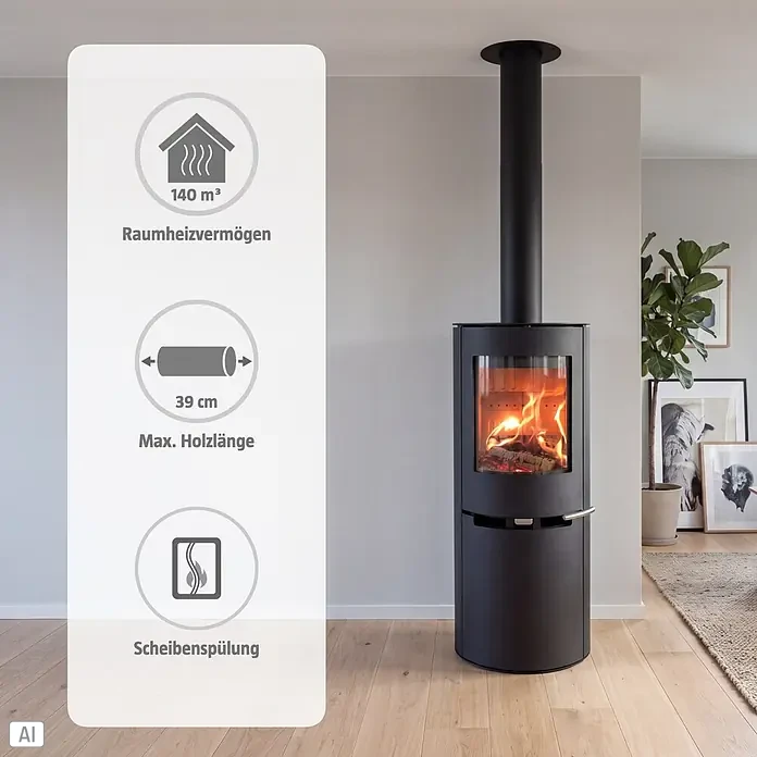 Aduro Kaminofen 9.8 - 8 kW, Raumheizvermögen: 140 m³, Material Verkleidung: Stahl, Schwarz - Schwarzer Holzofen mit brennendem Feuer in einem Wohnraum, ergänzt durch Leistungsdaten.