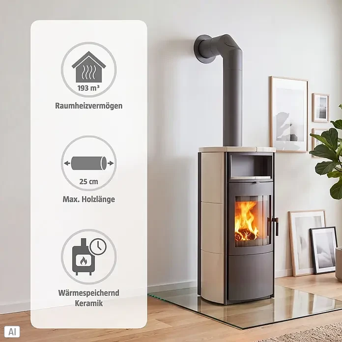 Hark Kaminofen Nika ECOplus - 7 kW, Raumheizvermögen: 193 m³, Material Verkleidung: Keramik, Creme/Weiß - Moderner beiger und dunkelgrauer Keramik-Kaminofen mit sichtbarem Feuer. Mit Wärmespeicherfunktion, 193 m³ Heizleistung, max. 25 cm Holzlänge.