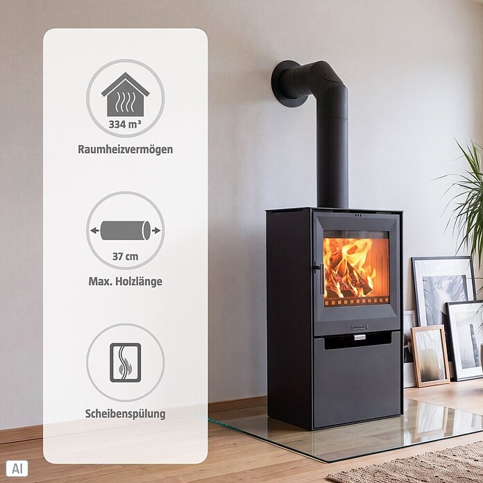 Aduro Kaminofen 14 (6,5 kW, Raumheizvermögen: 334 m³, Mit Holzfach, Schwarz)