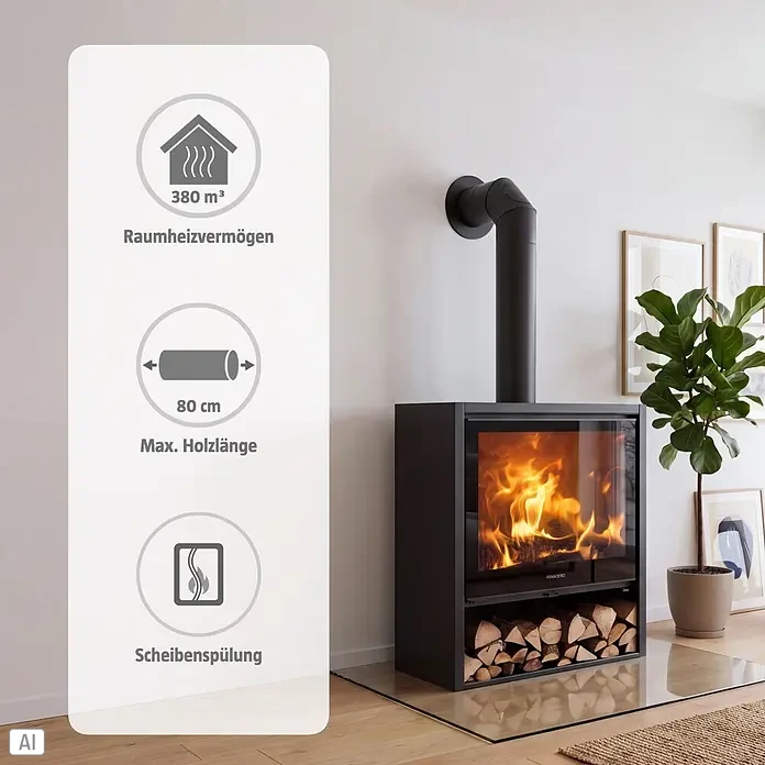Panadero Kaminofen Grand Allegro Ecodesign - 12,6 kW, Raumheizvermögen: 380 m³, Schwarz Metallic - Schwarzer Kaminofen mit Glasfront, brennendem Feuer, Holzscheitlager und Rauchrohr, bietet hohe Heizleistung für große Räume, lange Holzscheite und Scheibenspülung.