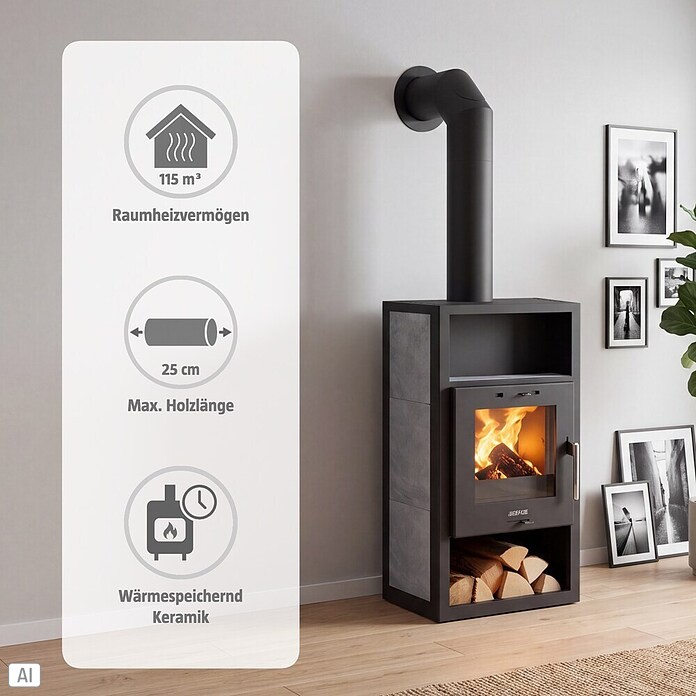 Justus Kaminofen Texas V (6 kW, Raumheizvermögen: 115 m³, Material Verkleidung: Keramik, Schwarz/Grau) | BAUHAUS