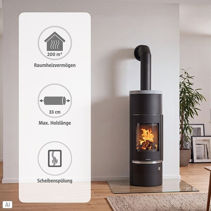 Justus Wasserführender Kaminofen Faro Aqua 2.0 (8,5 kW, Raumheizvermögen: 200 m³, Material Abdeckung: Speckstein, Schwarz)