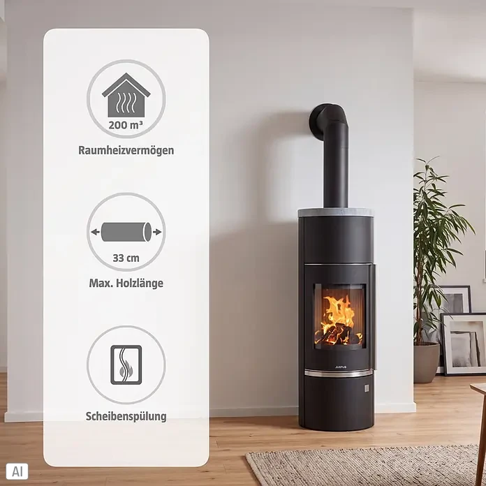 Justus Kaminofen Faro Aqua 2.0 - 8,5 kW, Raumheizvermögen: 200 m³, Material Verkleidung: Stahl, Schwarz/Speckstein, Zeitbrand - Schwarzer Kaminofen mit grauer Steinplatte, in Betrieb. Heizt 200 m³, Holz bis 33 cm, Scheibenspülung.