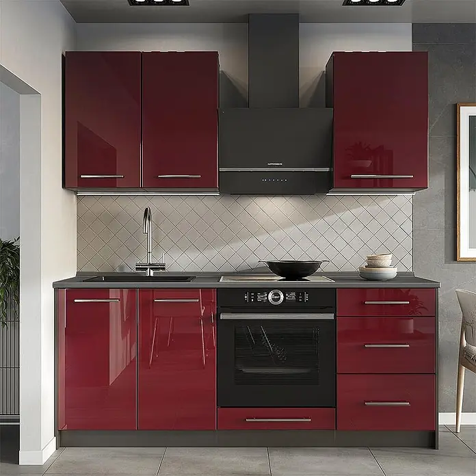 Vicco Singleküche - Breite: 190 cm, Bordeaux Hochglanz, Mit AP Anthrazit - Moderne Küche mit hochglänzenden dunkelroten Schränken, dunkelgrauen Arbeitsplatten, integriertem Backofen, Kochfeld und Spüle.