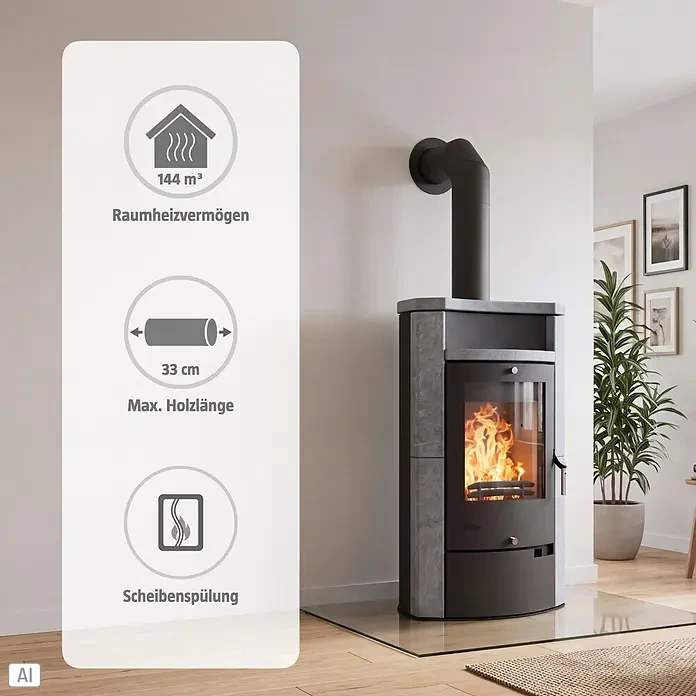 Fireplace Kaminofen Hamburg - 8,4 kW, Raumheizvermögen: 144 m³, Material Verkleidung: Speckstein, Schwarz - Dunkelgrauer und grau verkleideter Holzofen mit brennendem Feuer. Overlay zeigt Heizleistung, max. Holzlänge und Scheibenspülung.