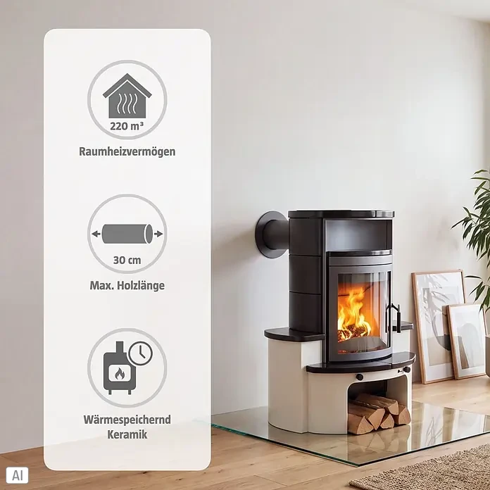Hark Kaminofen Avenso GT ECOplus - 8 kW, Raumheizvermögen: 220 m³, Material Verkleidung: Keramik, Meteor-Schwarz - Moderner schwarz-weißer Holzofen mit sichtbaren Flammen und Holzlager, im Wohnzimmer.