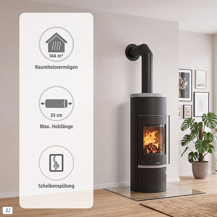 Justus Kaminofen Faro W+ 2.0 (7 kW, Raumheizvermögen: 144 m³, Material Abdeckung: Speckstein, Schwarz)