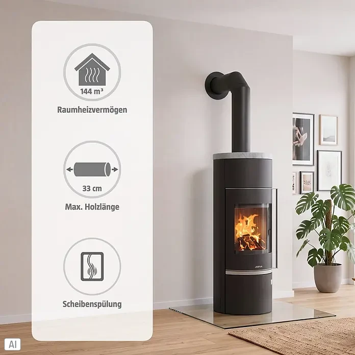 Justus Kaminofen Faro W+ 2.0 - 7 kW, Raumheizvermögen: 144 m³, Verkleidung: Stahl/Speckstein, Schwarz - Schwarzer Kaminofen mit Steinplatte in modernem Wohnzimmer, zeigt 144 m³ Raumheizvermögen, 33 cm max. Holzlänge und Scheibenspülung.