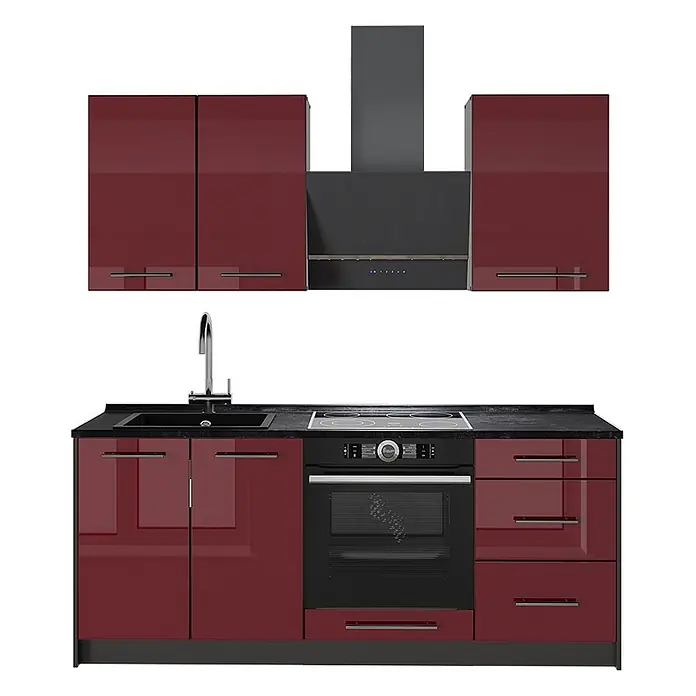 Vicco Singleküche - Breite: 190 cm, Bordeaux Hochglanz, Mit AP Anthrazit - Moderne Küchenzeile: glänzende weinrote Schränke, schwarze Arbeitsplatte, Spüle, Backofen, Kochfeld, Dunstabzugshaube.