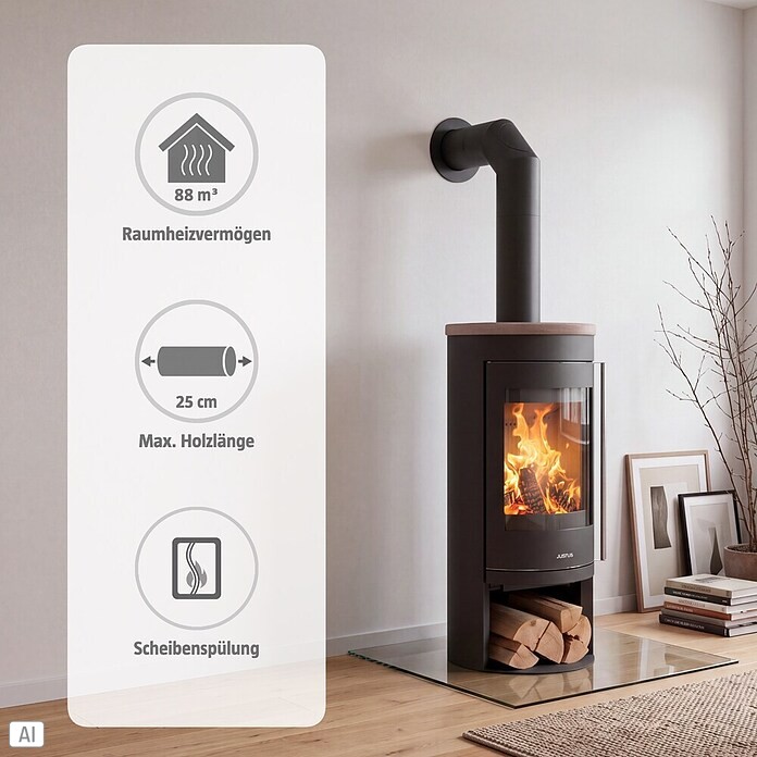 Justus Kaminofen Mino 2.0 (5 kW, Raumheizvermögen: 88 m³, Material Abdeckung: Keramik, Schwarz/Braun)