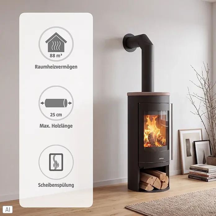 Justus Kaminofen Mino 2.0 - 5,5 kW, Raumheizvermögen: 88 m³, Farbe Verkleidung: Grappa, Schwarz - Dunkelgrauer Kaminofen mit Holzplatte, brennenden Scheiten und 88 m³ Raumheizvermögen. Max. Holzlänge 25 cm, mit Scheibenspülung.