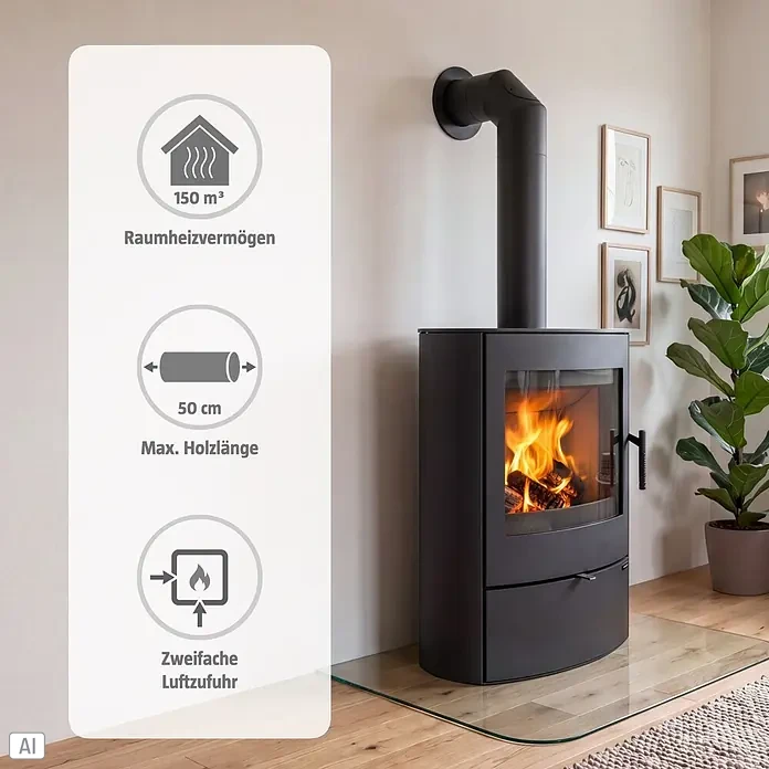 Kaminofen Binus - 7,1 kW, Raumheizvermögen: 150 m³, Material Verkleidung: Stahl, Schwarz - Schwarzer Holzofen mit brennendem Feuer im Raum. Info: 150 m³ Heizleistung, 50 cm max. Holz, doppelte Luftzufuhr.