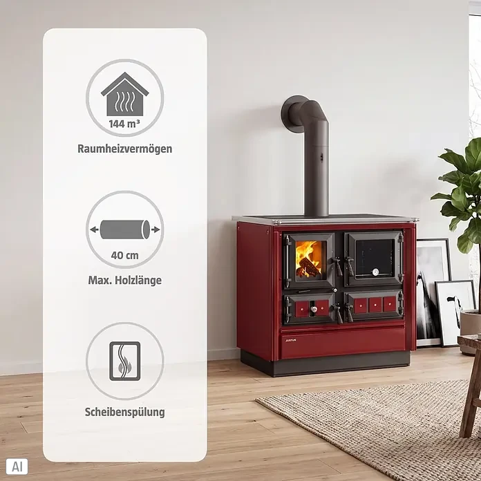 Justus Küchenherd Rustico-90 2.0 - 7 kW, Raumheizvermögen: 144 m³, Backofen rechts, Bordeaux - Roter Holzherd mit sichtbarem Feuer, Backofen und Kochfeld in einem modernen Wohnraum.