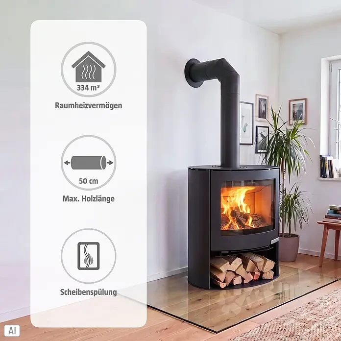 Aduro Kaminofen 15-2 - 6,5 kW, Raumheizvermögen: 334 m³, Material Verkleidung: Stahl, Schwarz - Ein schwarzer Kaminofen mit brennendem Holz und Holzscheiten, in einem modernen Wohnzimmer mit überlagernden Funktionssymbolen.