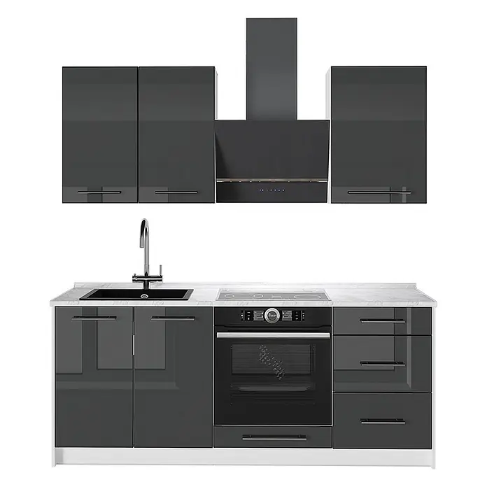 Vicco Singleküche - Breite: 190 cm, Anthrazit Hochglanz, Mit AP Marmor - Moderne dunkelgraue Hochglanz-Küchenzeile mit Spüle, Kochfeld, Backofen und Dunstabzugshaube.