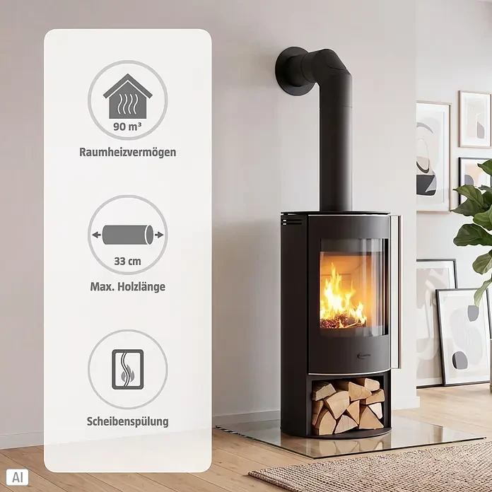 Fireplace Kaminofen Verona - 5,5 kW, Raumheizvermögen: 90 m³, Material Verkleidung: Stahl, Schwarz - Schwarzer Kaminofen mit brennendem Feuer und Holzlager, Spezifikationen: 90 m³ Heizleistung, 33 cm max. Holzlänge, Scheibenspülung.