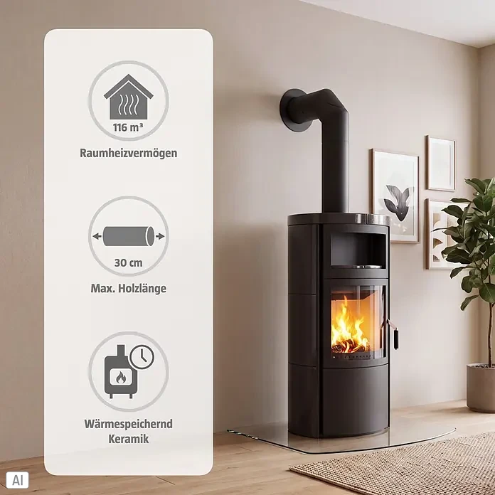 Hark Kaminofen VITO WW GT ECOPLUS - 14 kW, Raumheizvermögen: 116 m³, Material Verkleidung: Keramik, Meteor-Schwarz - Dunkelgrauer Kaminofen mit brennendem Feuer in modernem Wohnzimmer, mit Einblendung wichtiger Produktmerkmale.