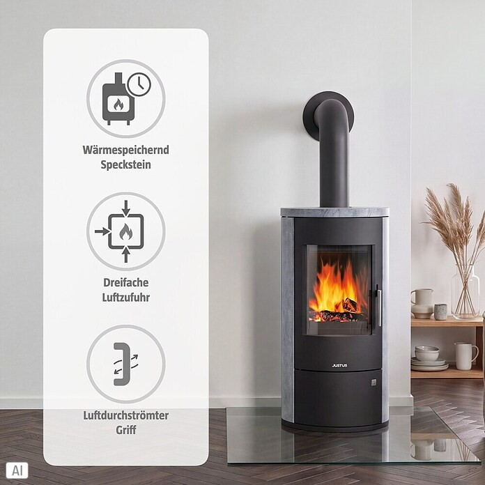 Justus Kaminofen Austin 5 (5 kW, Raumheizvermögen: 88 m³, Verkleidung: Speckstein, Schwarz)