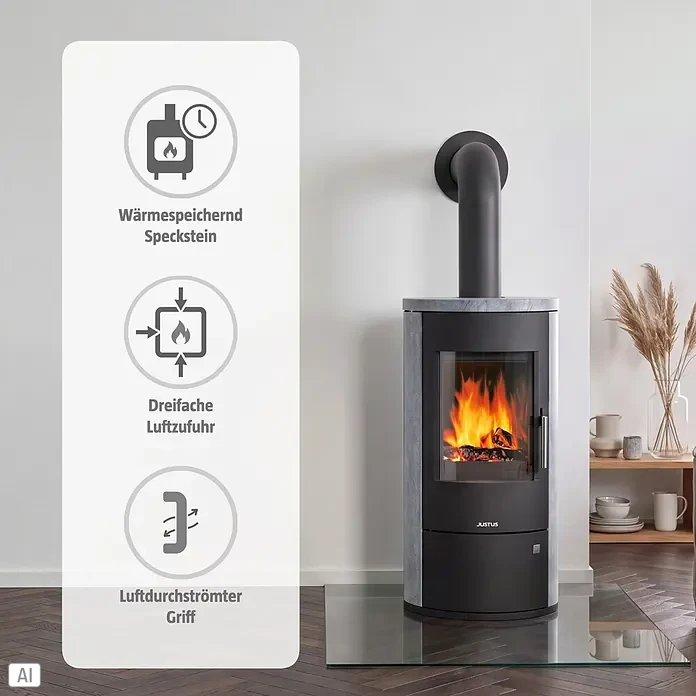 Justus Kaminofen Austin 5 - 5 kW, Raumheizvermögen: 88 m³, Material Verkleidung: Speckstein, Schwarz/Speckstein - Moderner Kaminofen aus grauem Speckstein und schwarzem Metall mit brennendem Feuer im Wohnzimmer.