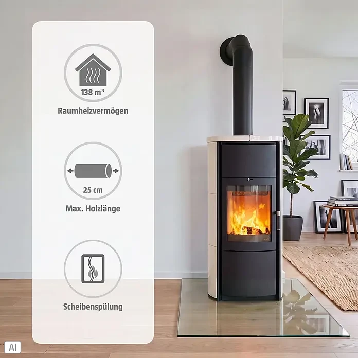 Hark Kaminofen Keno ECOplus - 5 kW, Raumheizvermögen: 138 m³, Material Verkleidung: Keramik, Creme/Weiß - Creme-schwarzer Kaminofen mit sichtbarem Feuer und Info-Overlay. Zeigt 138 m³ Heizleistung, 25 cm Holz max. und Scheibenspülung.