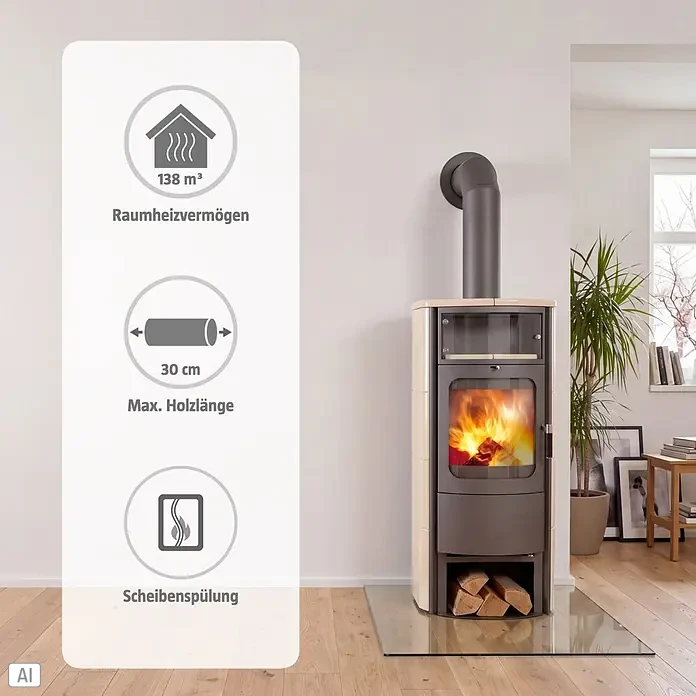 Hark Kaminofen Opera B Grande - 5 kW, Raumheizvermögen: 138 m³, Material Verkleidung: Keramik, Creme - Eleganter freistehender Kaminofen in Hellbeige und Dunkelgrau mit sichtbarem Feuer, Holzablage und Rauchrohr. Beheizt bis zu 138 m³, nimmt 30 cm Holzscheite.