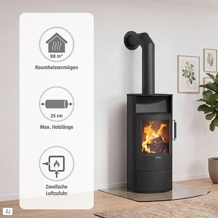 Justus Kaminofen Island 5 2.0 - Raumheizvermögen: 88 m³, Material Verkleidung: Stahl, Schwarz - Schwarzer Kaminofen mit sichtbaren Flammen in modernem Raumambiente, mit 88 m³ Heizleistung und max. 25 cm Holzlänge.