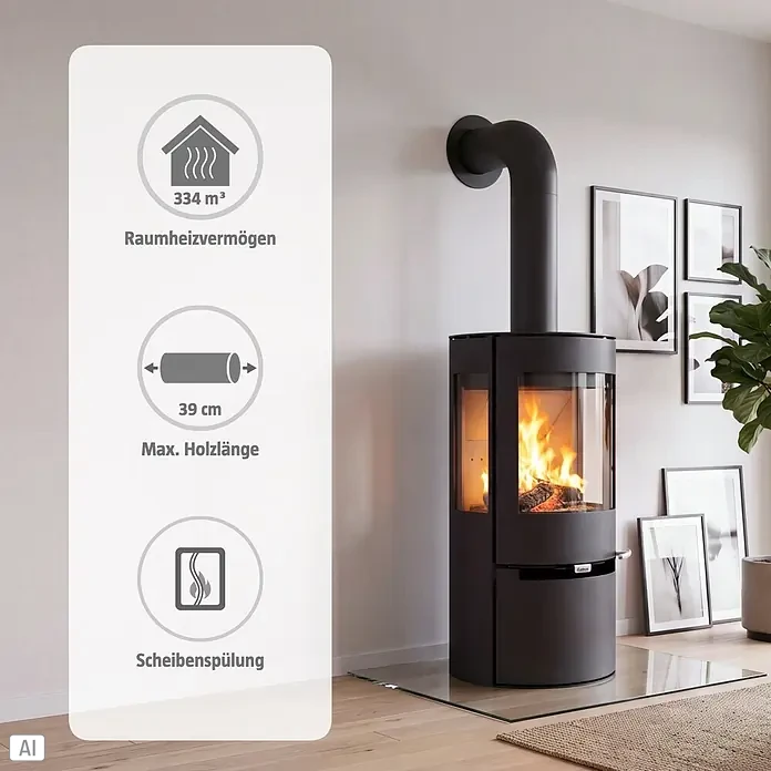 Aduro Kaminofen 9 - 8 kW, Raumheizvermögen: 334 m³, Material Verkleidung: Stahl, Schwarz - Schwarzer Holzofen mit Feuer, Rauchrohr und Infos: 334 m³ Heizleistung, 39 cm max. Holzlänge, Scheibenspülung.