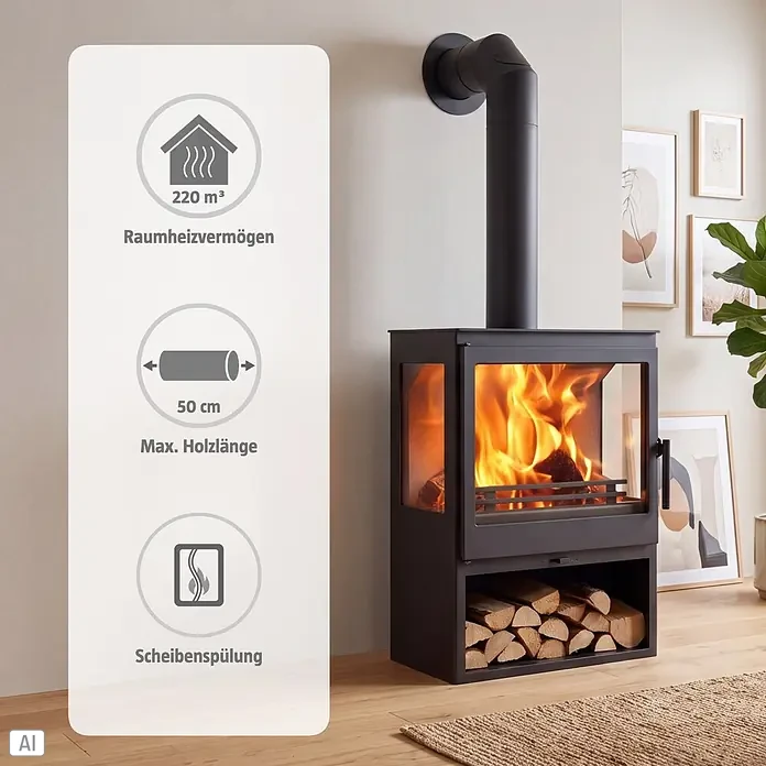 Panadero Kaminofen Diamant 3V Eco - 7,1 kW, Raumheizvermögen: 220 m³, Material Verkleidung: Stahl, Schwarz - Schwarzer Holzofen mit brennendem Feuer und Holzscheitlager in modernem Raum, kann bis zu 220 m³ heizen.