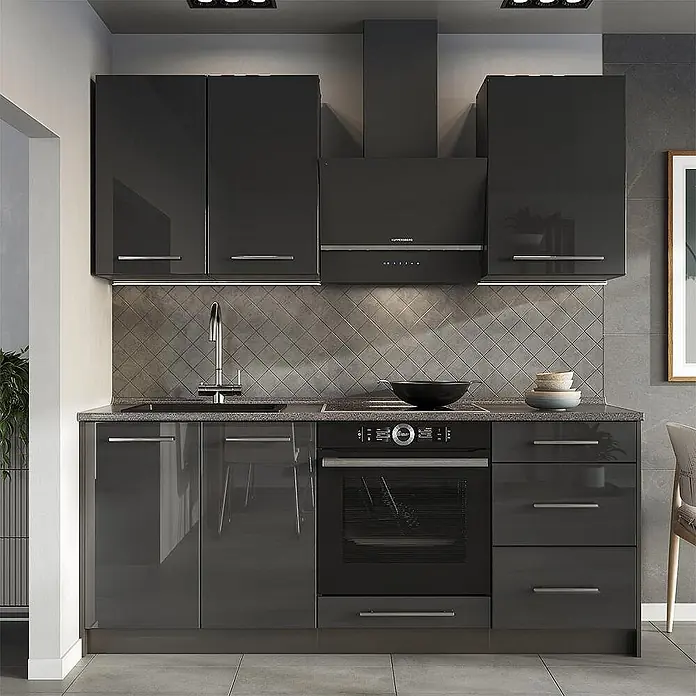 Vicco Singleküche - Breite: 190 cm, Anthrazit Hochglanz, Ohne AP - Moderne hochglänzende dunkelgraue Küche mit integriertem Backofen, Spüle und Dunstabzugshaube.