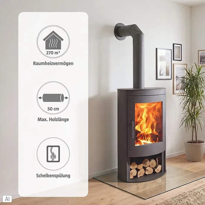 Panadero Kaminofen Oval Eco - 9,6 kW, Raumheizvermögen: 270 m³, Schwarz - Dunkelgrauer freistehender Kaminofen mit sichtbarem Feuer, integriertem Holzfach und Schornsteinrohr, in einem modernen Raum mit Holzboden.