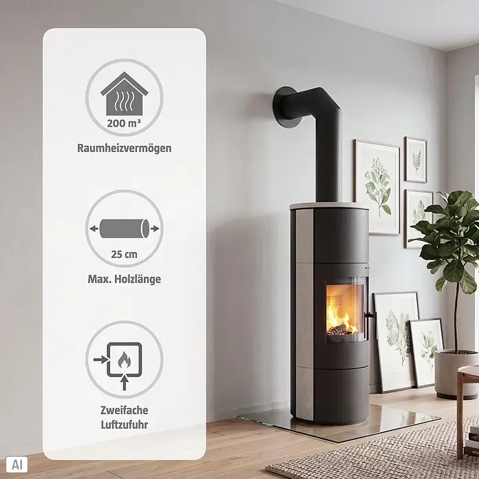 Kaminofen Cumulus Omega XL Limestone - 7 kW, Raumheizvermögen: 200 m³, Schwarz - Schwarzer und grauer Holzofen mit sichtbarem Feuer und Spezifikationen: 200m³ Heizleistung, 25cm max. Holz, doppelte Luftzufuhr.
