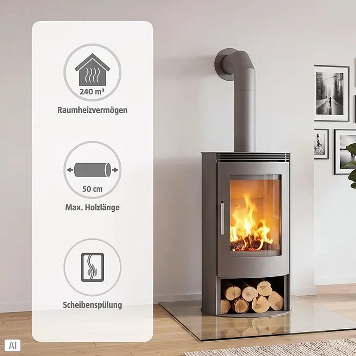 Panadero Kaminofen Delta Eco - 8 kW, Raumheizvermögen: 240 m³, Material Verkleidung: Stahl, Schwarz - Grauer Kaminofen mit brennendem Feuer und gelagertem Holz, bietet 240 m³ Heizleistung, max. 50 cm Holzlänge und Scheibenspülung.