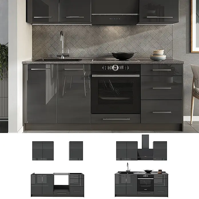 Vicco Singleküche - Breite: 190 cm, Anthrazit Hochglanz, Ohne AP - Moderne dunkelgraue Hochglanzküche mit integriertem Backofen, Kochfeld und Spüle.
