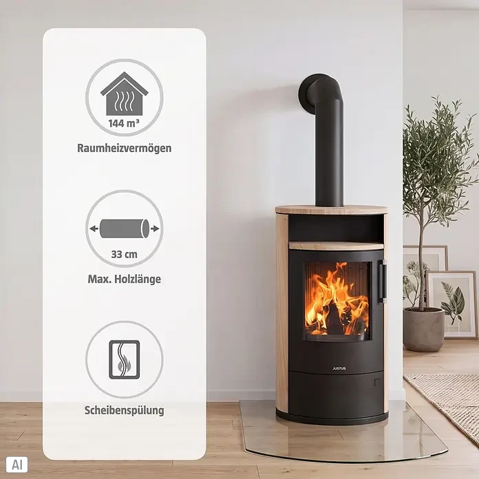 Justus Kaminofen Island 7 2.0 - 7 kW, Raumheizvermögen: 144 m³, Farbe Verkleidung: Sandstein - Moderner Kaminofen mit helzern Akzenten und schwarzem Korpus, in Betrieb, mit technischer Daten-Einblendung in einem Raum.