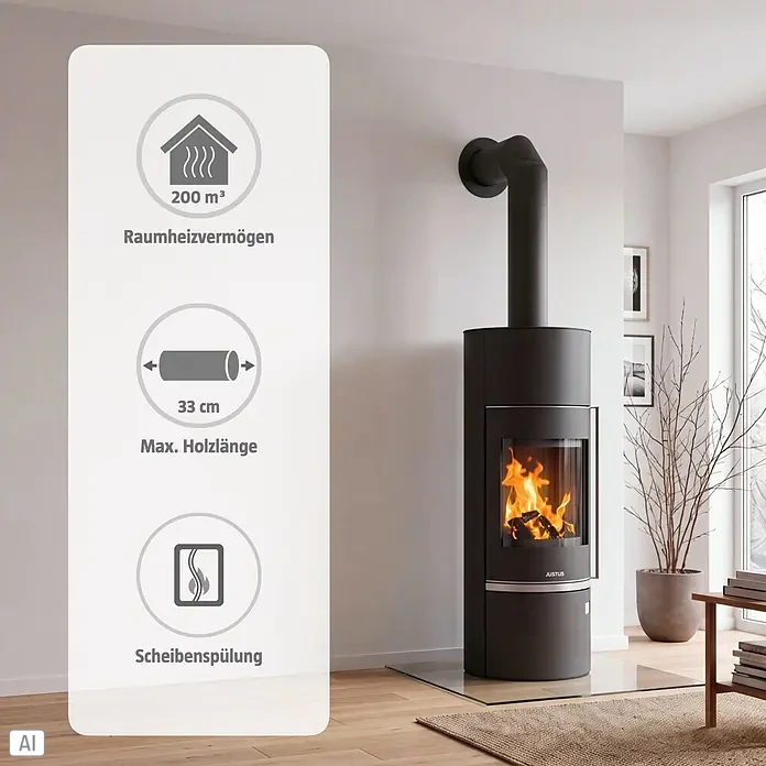 Justus Kaminofen Faro Aqua 2.0 - 8,5 kW, Raumheizvermögen: 200 m³, Material Verkleidung: Stahl, Schwarz, Zeitbrand - Ein dunkelgrauer Kaminofen mit sichtbaren Flammen in einem modernen Wohnzimmer. Ein Overlay zeigt Merkmale wie 200 m³ Heizleistung und max. 33 cm Holzlänge.