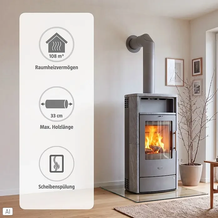 Fireplace Kaminofen Teraga - 6,6 kW, Raumheizvermögen: 108 m³, Material Verkleidung: Speckstein, Schwarz - Moderner grauer Kaminofen mit brennendem Feuer im Wohnzimmer, zeigt Merkmale wie 108 m³ Heizleistung und max. 33 cm Holzlänge.