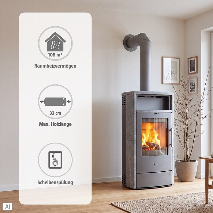 Fireplace Dauerbrandofen (6 kW, Raumheizvermögen: 108 m³, Verkleidung: Speckstein, Anthrazit)
