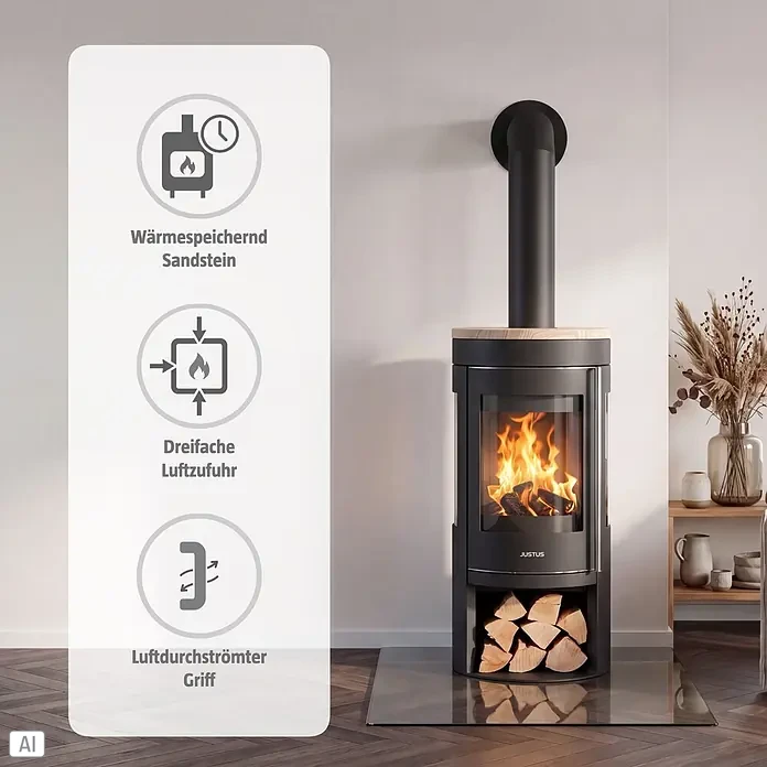 Justus Kaminofen Mino Trios 2.0 - 5,5 kW, Raumheizvermögen: 88 m³, Farbe Verkleidung: Sandstein, Schwarz - Ein moderner schwarzer Kaminofen mit Holzplatte und sichtbaren Flammen, in einem modernen Wohnraum mit Holzfach.