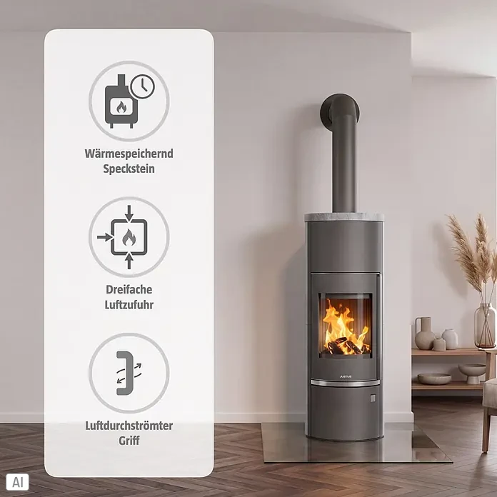 Justus Kaminofen Faro Aqua 2.0 - 8,5 kW, Raumheizvermögen: 200 m³, Material Verkleidung: Speckstein, Gussgrau/Speckstein - Moderner dunkelgrauer Kaminofen mit heller Deckplatte in Wohnzimmerumgebung, zeigt Funktionen wie Wärmespeicher-Speckstein und Dreifache Luftzufuhr.
