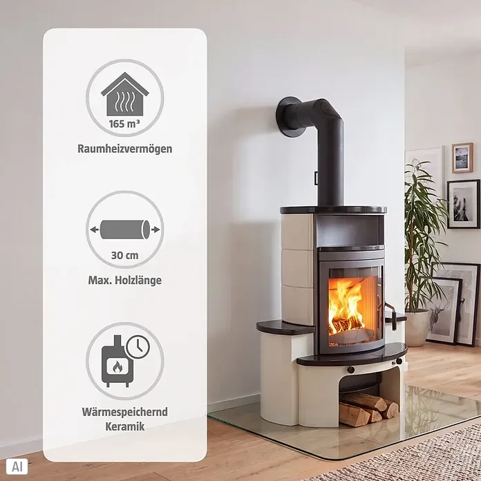 Hark Kaminofen Avenso GT ECOplus - 6 kW, Raumheizvermögen: 165 m³, Material Verkleidung: Keramik, Weiß/Meteor-Schwarz - Moderner cremefarbener Keramik-Holzofen mit schwarzen Akzenten, brennend, in einem Wohnzimmer mit Holzscheiten darunter.