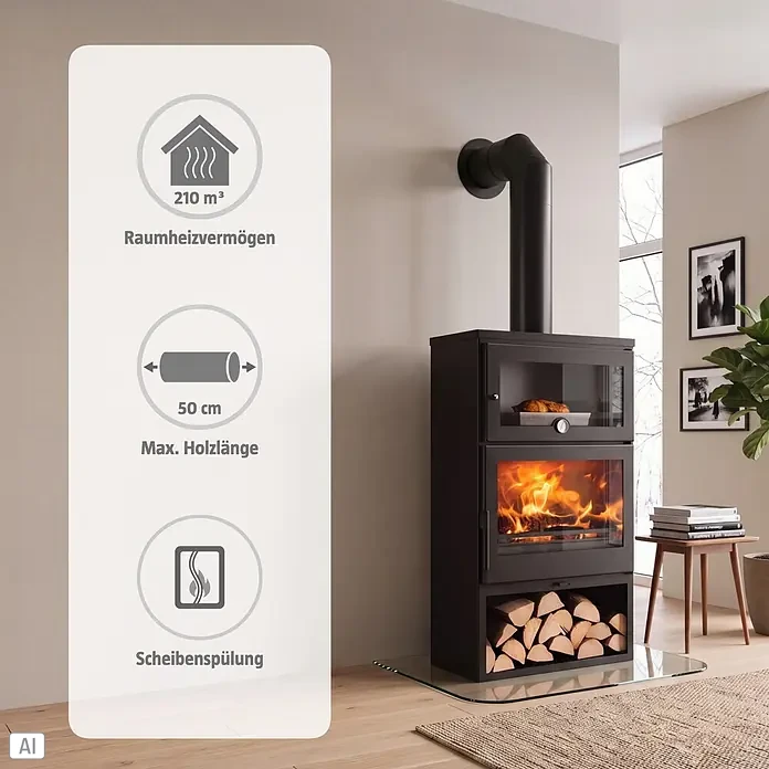 Panadero Kaminofen OVEN EcoDesign - 7,1 kW, Raumheizvermögen: 210 m³, Schwarz Metallic - Schwarzholzofen mit Warmhaltefach, Holzlager, 210 m³ Heizleistung, max. 50 cm Scheitholzlänge und Scheibenspülung.