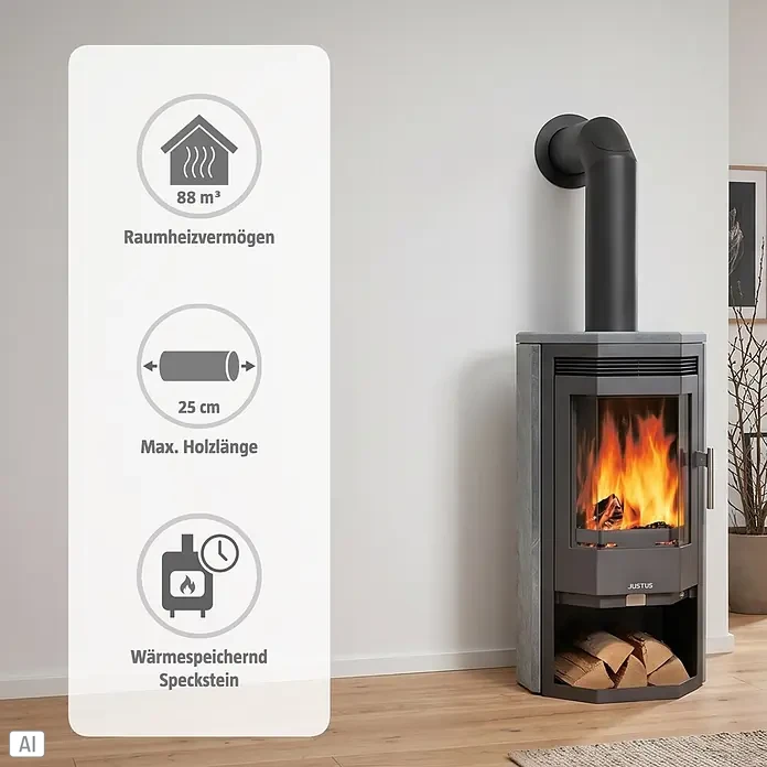 Justus Kaminofen Usedom 5 D - 5,5 kW, Raumheizvermögen: 88 m³, Material Verkleidung: Speckstein, Gussgrau - Moderner, dunkelgrauer Kaminofen mit Natursteinverkleidung, loderndem Feuer und Holzlagerfach. Eine Grafik zeigt Heizleistung und Holzgröße.