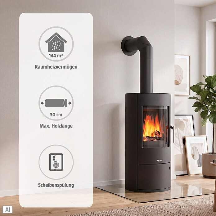 Justus Kaminofen Austin 7 (7 kW, Raumheizvermögen: 144 m³, Verkleidung: Stahl, Schwarz)